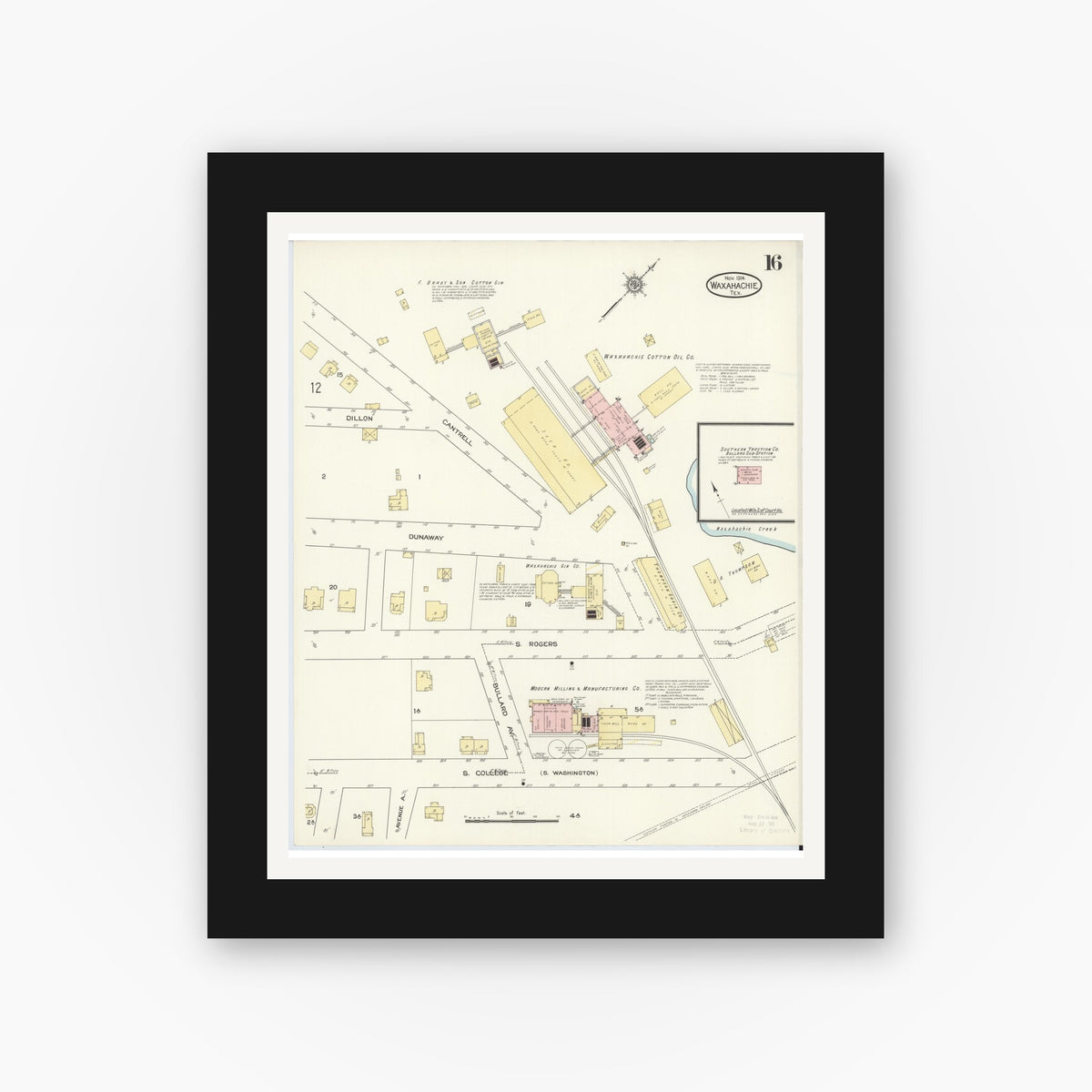 Old map wall art mockup — black gallery frame with white mat — Sanborn Fire Insurance Map from Waxahachie, Ellis County, Texas (1914), Sheet #0016