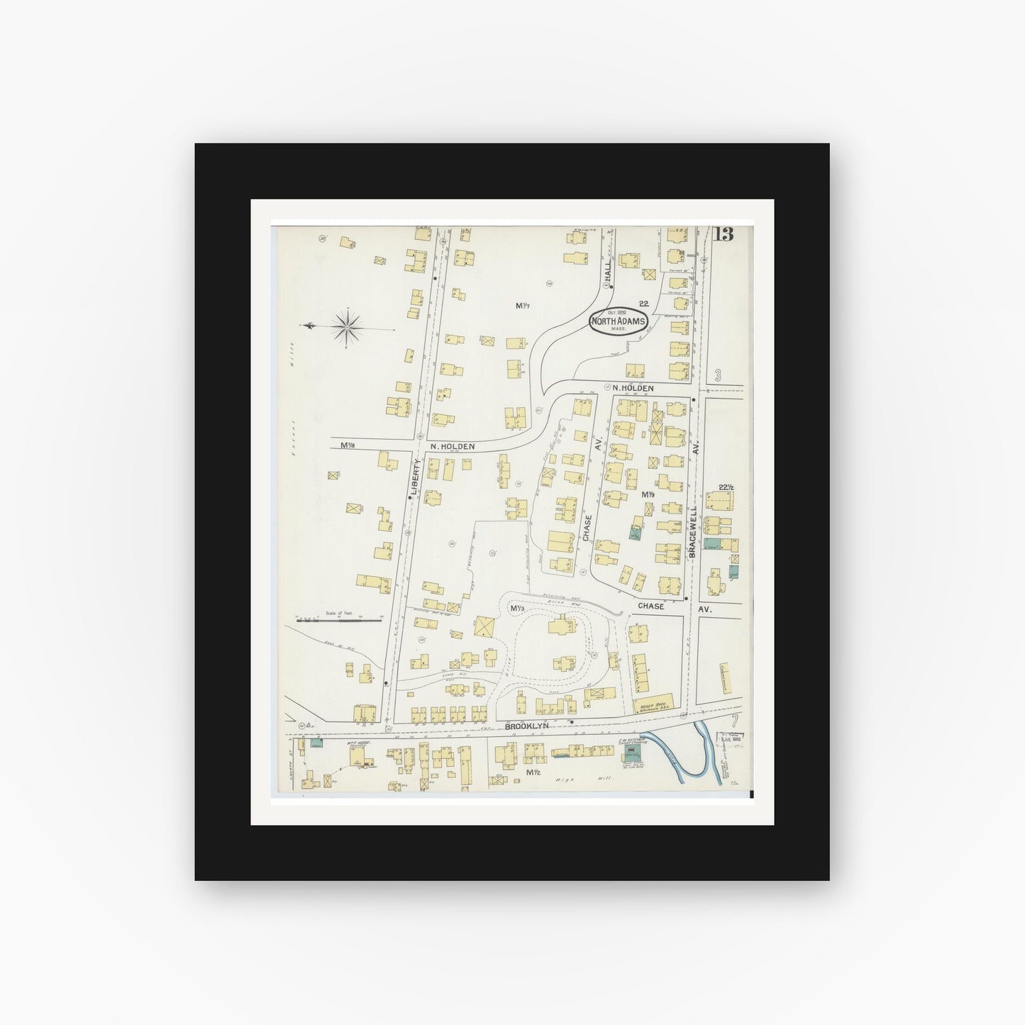 Old map wall art mockup — black gallery frame with white mat — Sanborn Fire Insurance Map from North Adams, Berkshire County, Massachusetts (1892), Sheet #0013