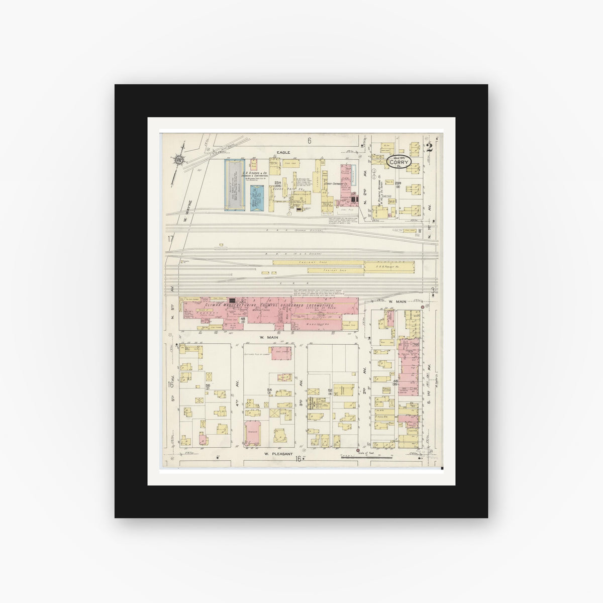 Old map wall art mockup — black gallery frame with white mat — Sanborn Fire Insurance Map from Corry, Erie County, Pennsylvania (1915), Sheet #0002