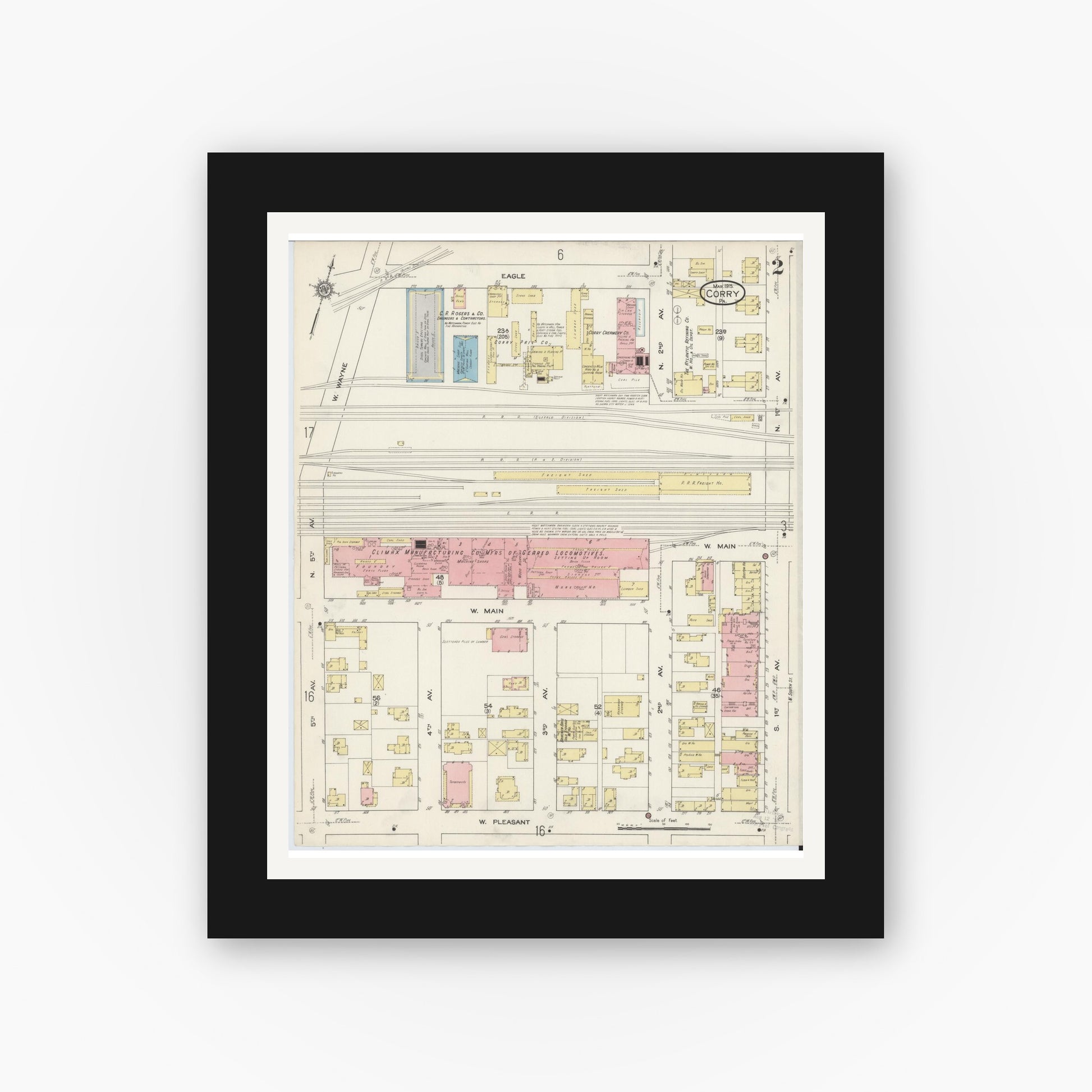 Old map wall art mockup — black gallery frame with white mat — Sanborn Fire Insurance Map from Corry, Erie County, Pennsylvania (1915), Sheet #0002