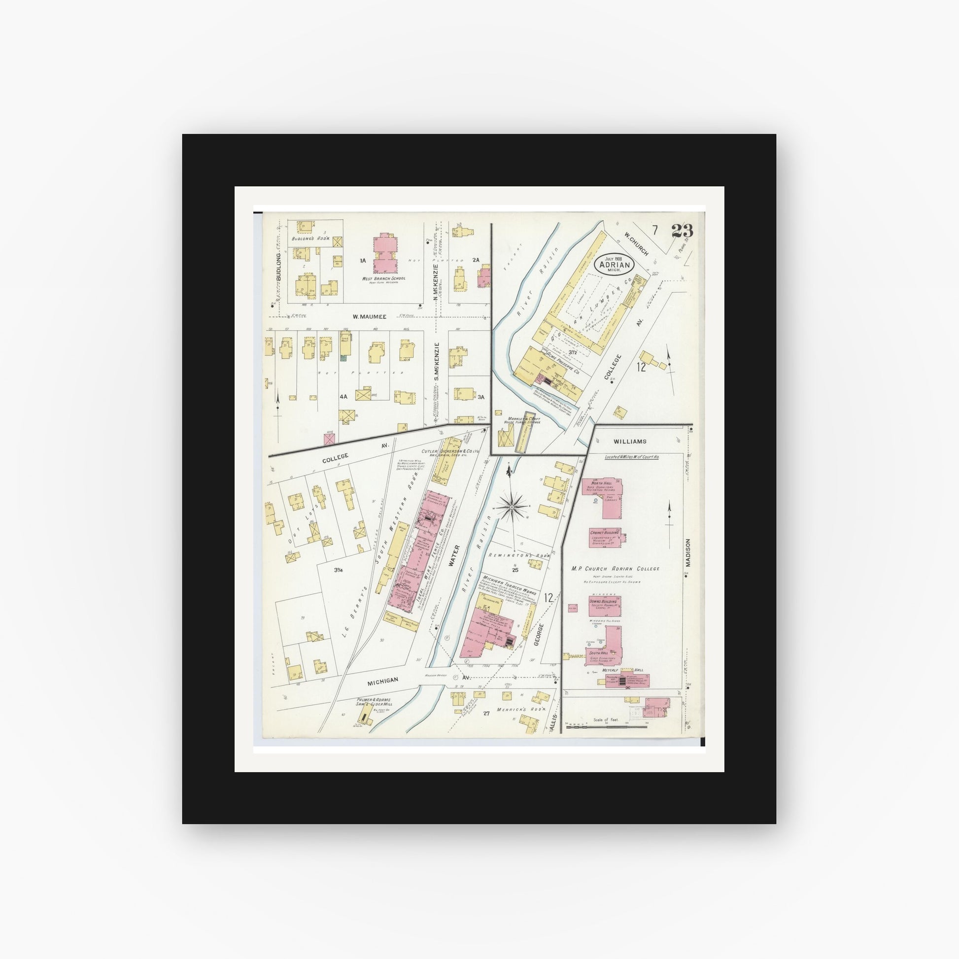 Old map wall art mockup — black gallery frame with white mat — Sanborn Fire Insurance Map from Adrian, Lenawee County, Michigan (1908), Sheet #0023