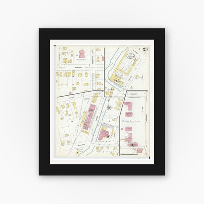 Old map wall art mockup — black gallery frame with white mat — Sanborn Fire Insurance Map from Adrian, Lenawee County, Michigan (1908), Sheet #0023