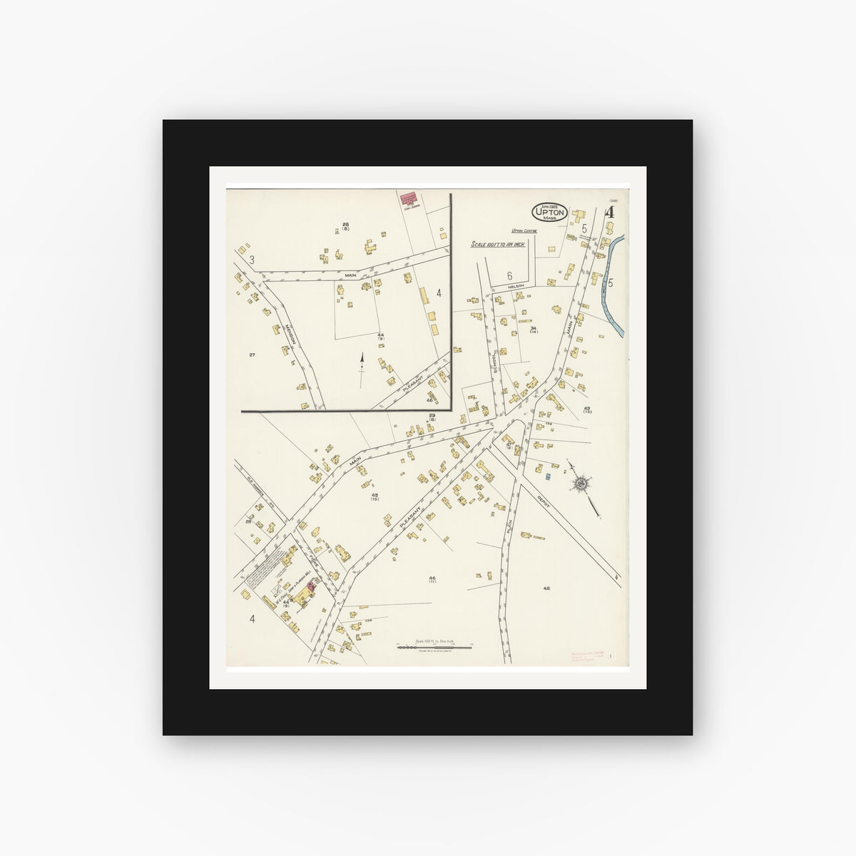 Old map wall art mockup — black gallery frame with white mat — Sanborn Fire Insurance Map from Upton, Worcester County, Massachusetts (1922), Sheet #0004