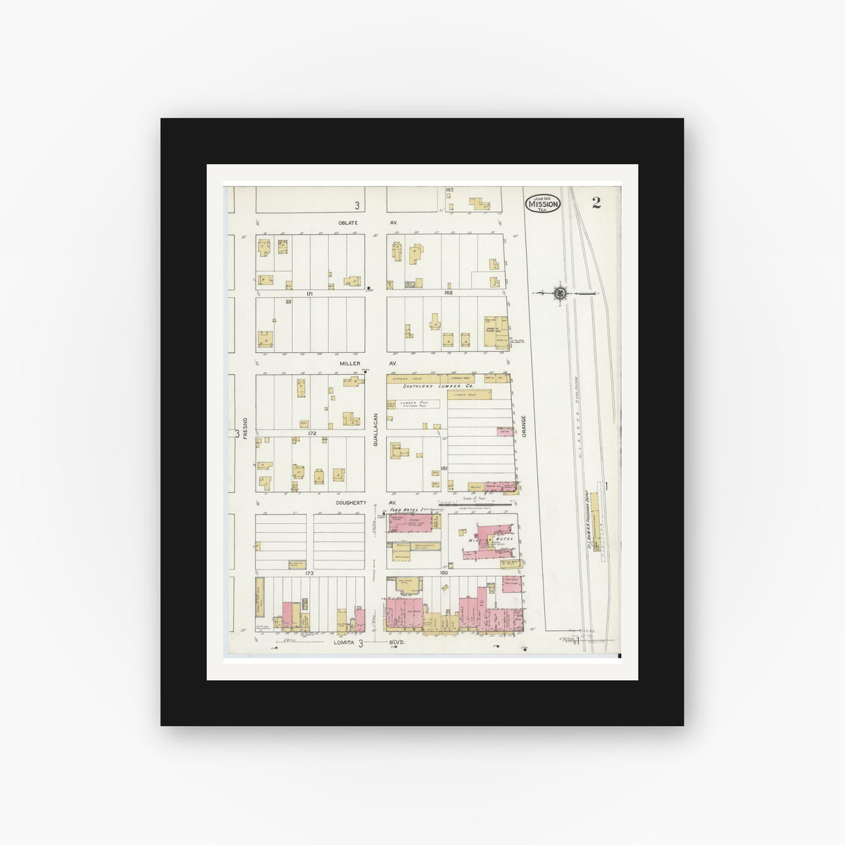 Old map wall art mockup — black gallery frame with white mat — Sanborn Fire Insurance Map from Mission, Hidalgo County, Texas (1919), Sheet #0002
