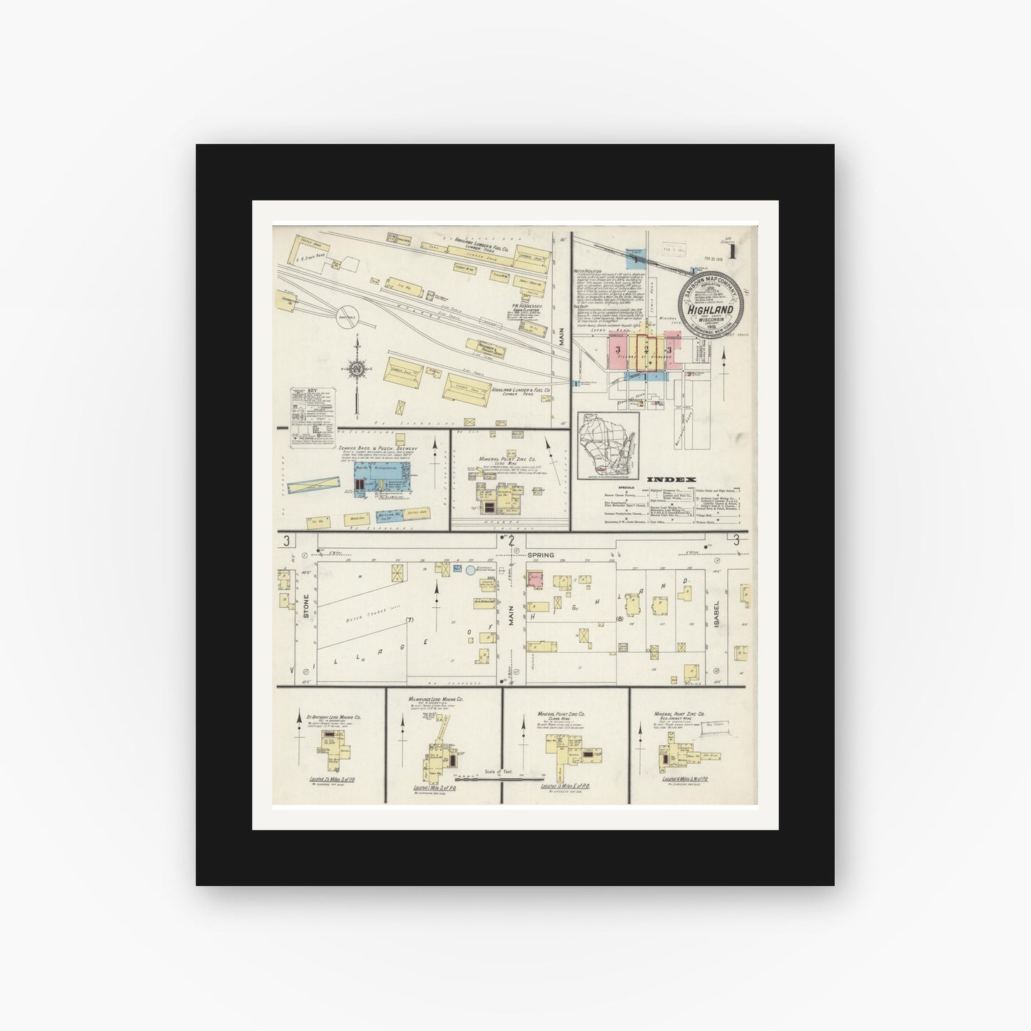 Old map wall art mockup — black gallery frame with white mat — Sanborn Fire Insurance Map from Highland, Iowa County, Wisconsin (1915) - Complete Map Set