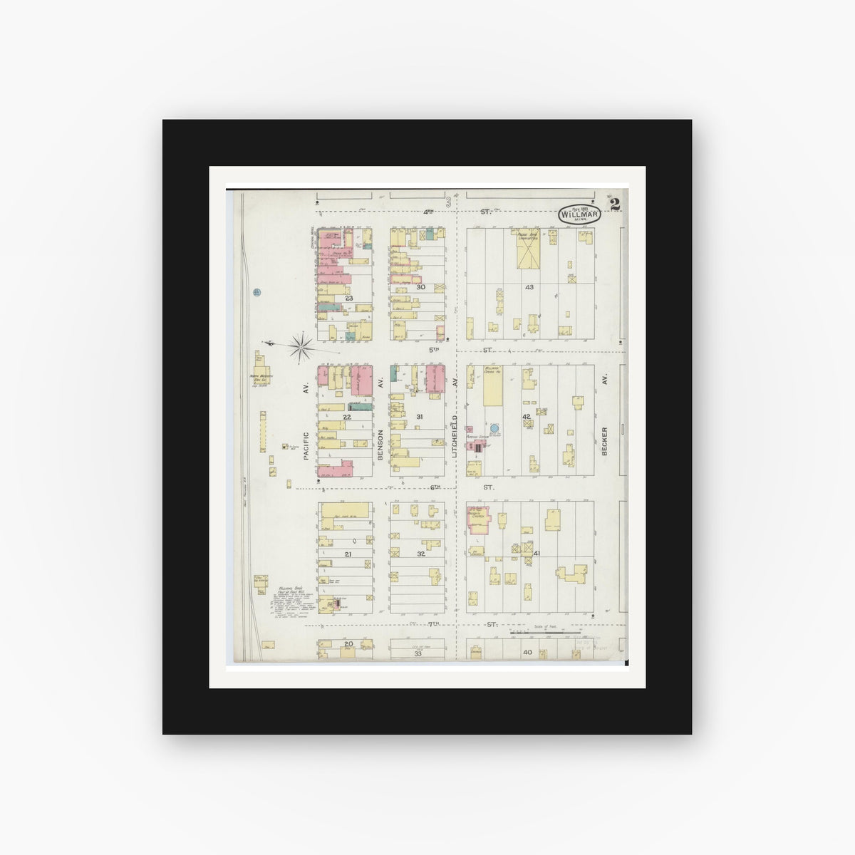 Old map wall art mockup — black gallery frame with white mat — Sanborn Fire Insurance Map from Willmar, Kandiyohi County, Minnesota (1893), Sheet #0002