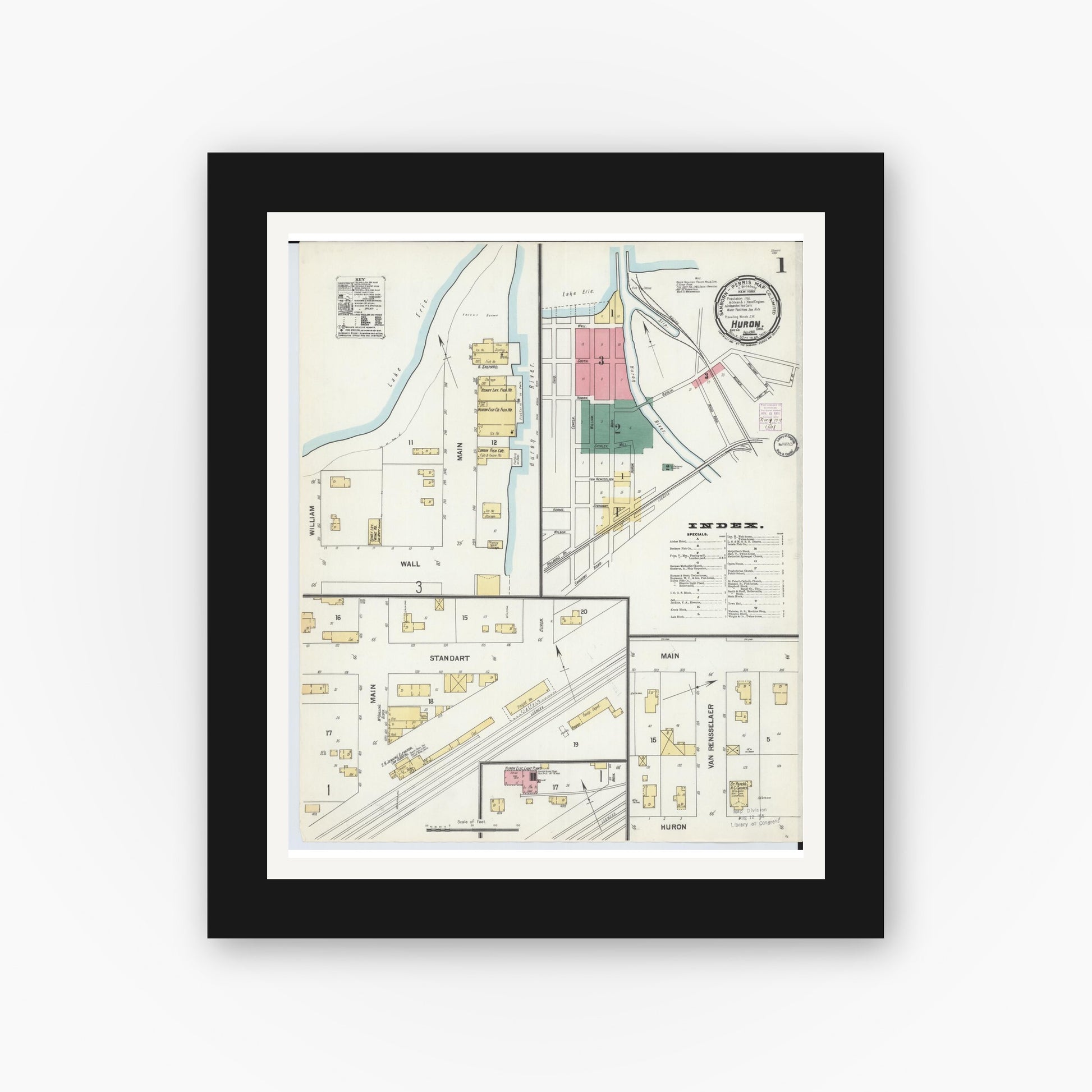 Old map wall art mockup — black gallery frame with white mat — Sanborn Fire Insurance Map from Huron, Erie County, Ohio (1901), Sheet #0001