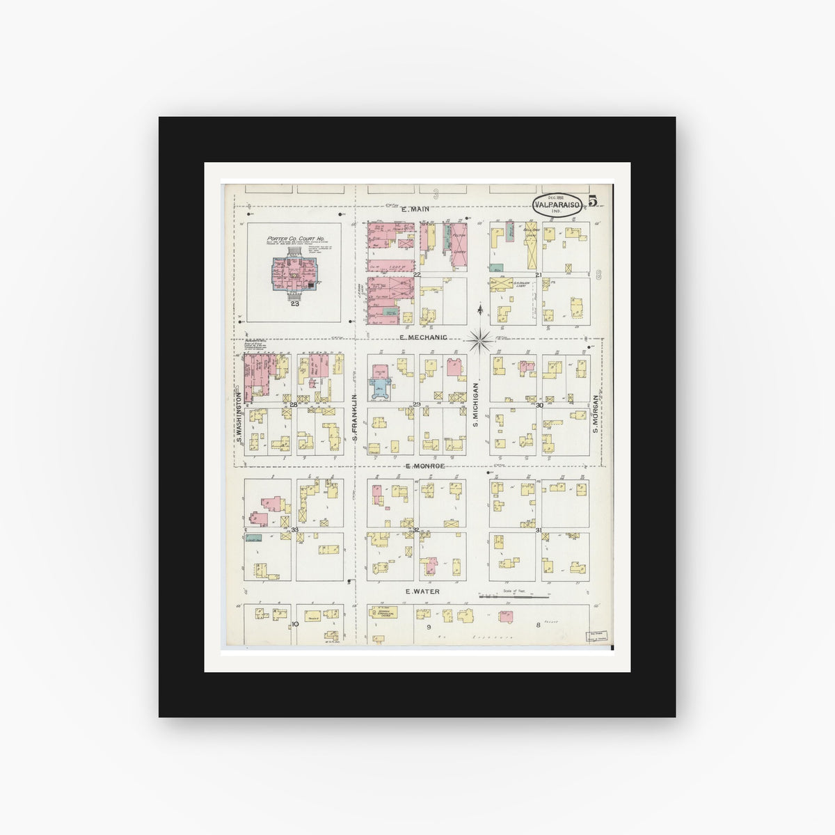 Old map wall art mockup — black gallery frame with white mat — Sanborn Fire Insurance Map from Valparaiso, Porter County, Indiana (1892), Sheet #0005