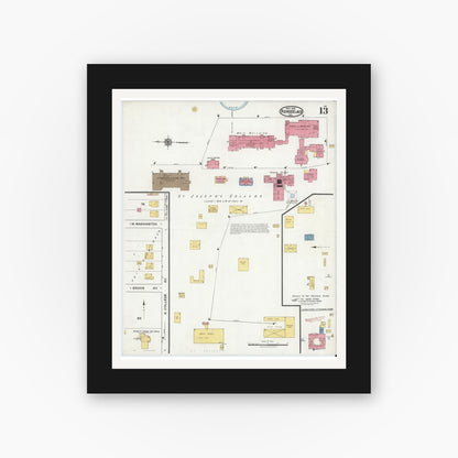 Old map wall art mockup — black gallery frame with white mat — Sanborn Fire Insurance Map from Rensselaer, Jasper County, Indiana (1921), Sheet #0013