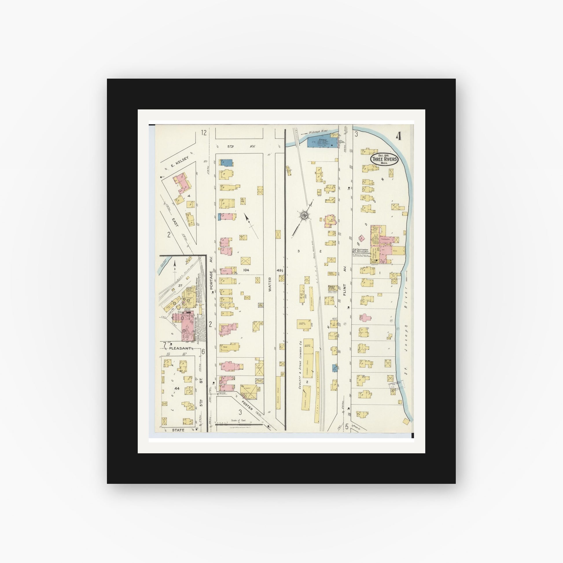 Old map wall art mockup — black gallery frame with white mat — Sanborn Fire Insurance Map from Three Rivers, Saint Joseph County, Michigan (1916), Sheet #0004