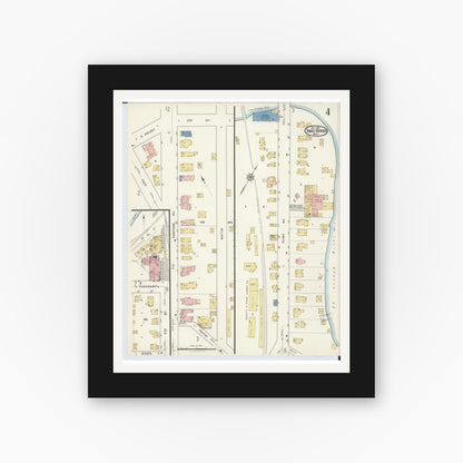 Old map wall art mockup — black gallery frame with white mat — Sanborn Fire Insurance Map from Three Rivers, Saint Joseph County, Michigan (1916), Sheet #0004