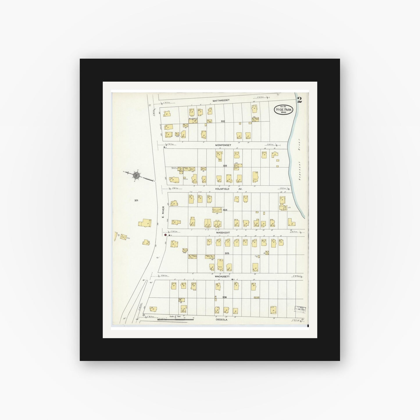 Old map wall art mockup — black gallery frame with white mat — Sanborn Fire Insurance Map from Hyde Park, Norfolk County, Massachusetts (1911), Sheet #0002