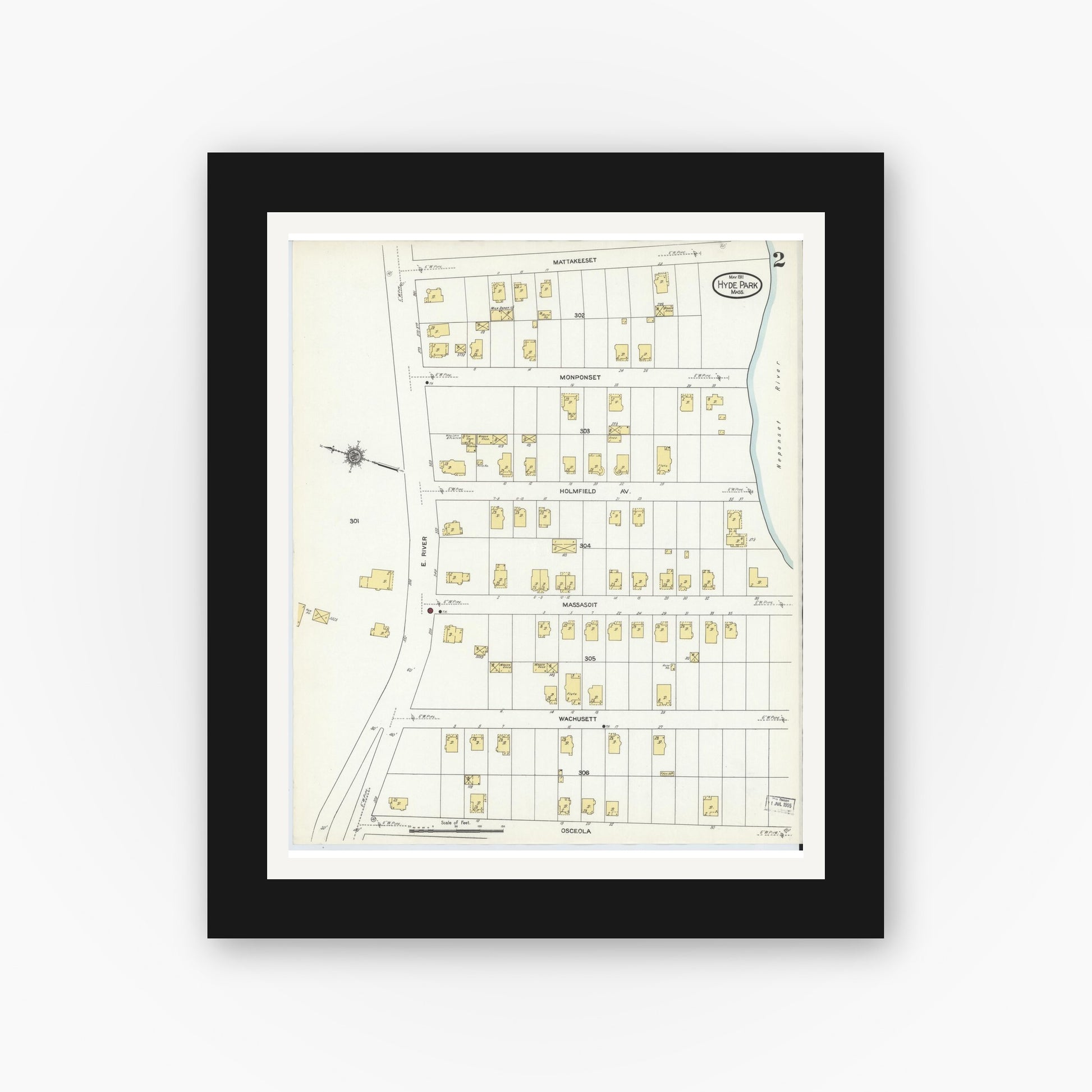 Old map wall art mockup — black gallery frame with white mat — Sanborn Fire Insurance Map from Hyde Park, Norfolk County, Massachusetts (1911), Sheet #0002