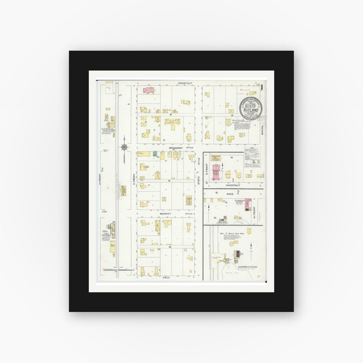 Old map wall art mockup — black gallery frame with white mat — Sanborn Fire Insurance Map from Rutland, La Salle County, Illinois (1910) - Complete Map Set