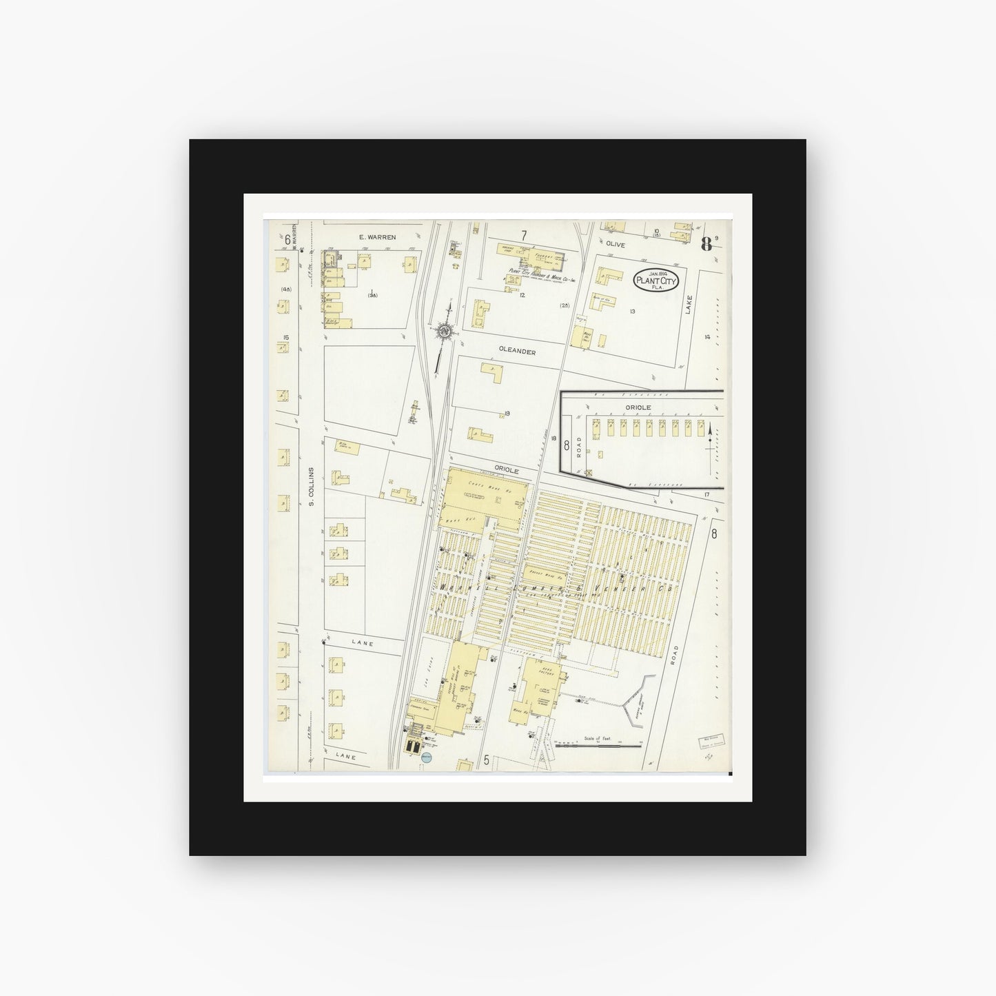 Old map wall art mockup — black gallery frame with white mat — Sanborn Fire Insurance Map from Plant City, Hillborough County, Florida (1914), Sheet #0008