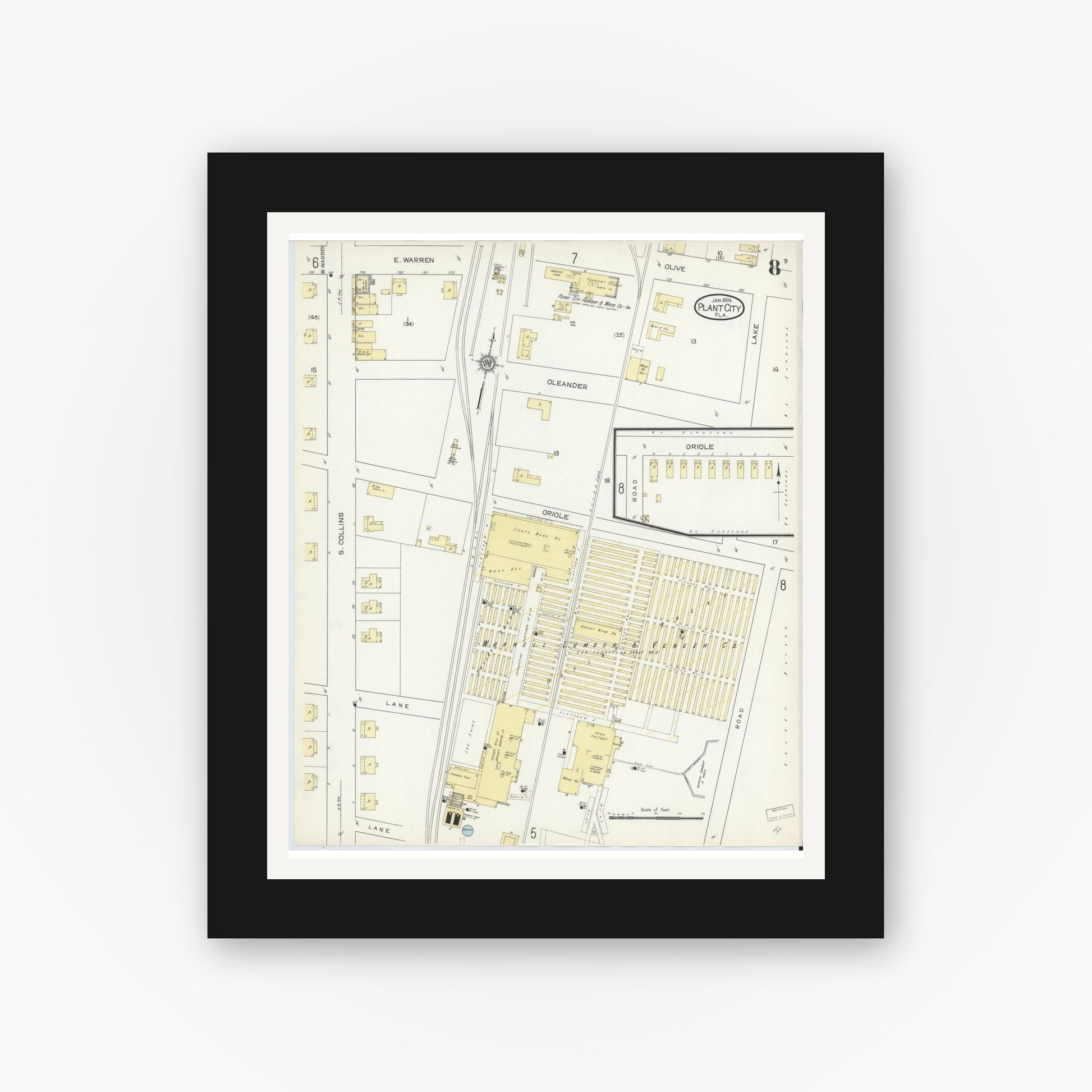 Old map wall art mockup — black gallery frame with white mat — Sanborn Fire Insurance Map from Plant City, Hillborough County, Florida (1914), Sheet #0008
