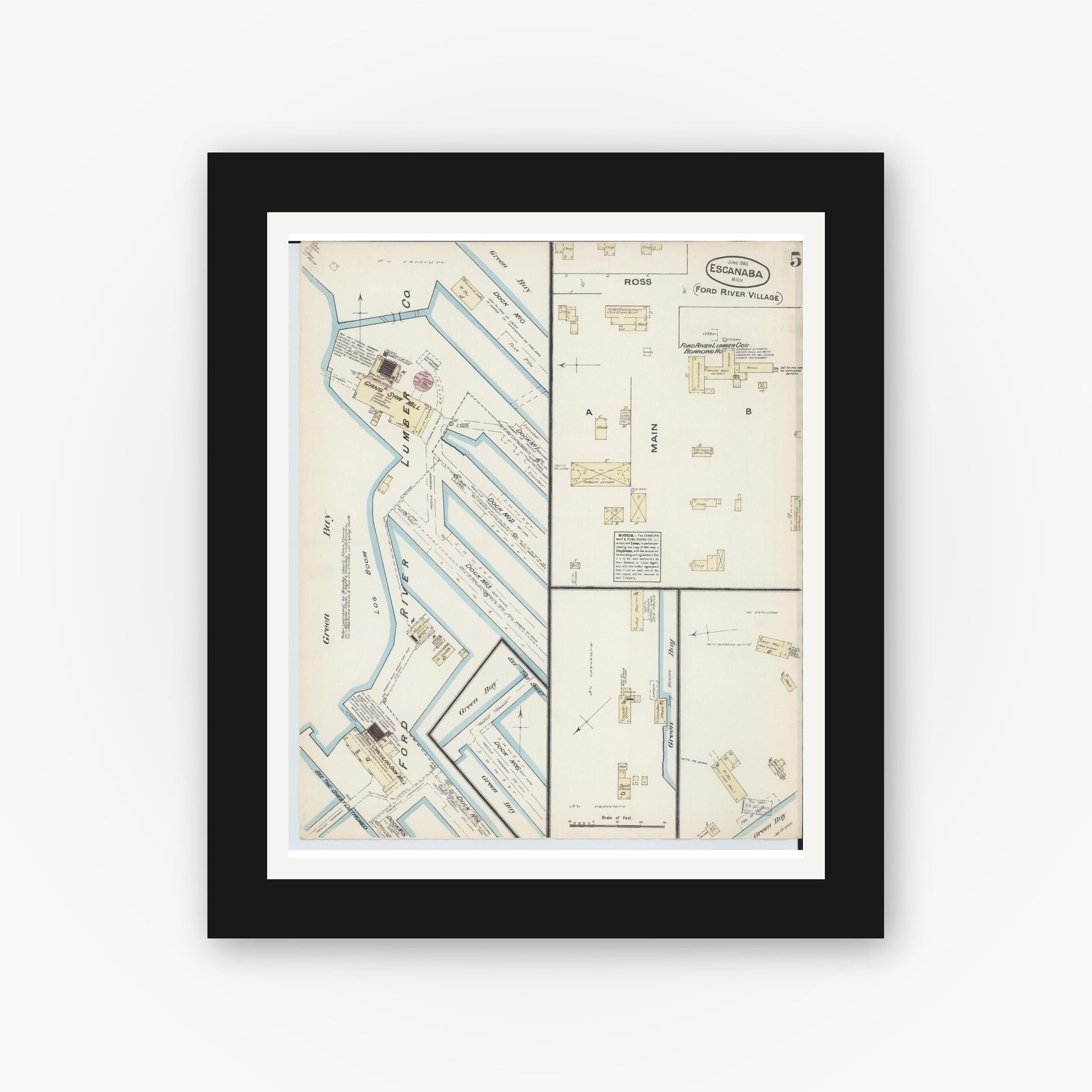 Old map wall art mockup — black gallery frame with white mat — Sanborn Fire Insurance Map from Escanaba, Delta County, Michigan (1884), Sheet #0005