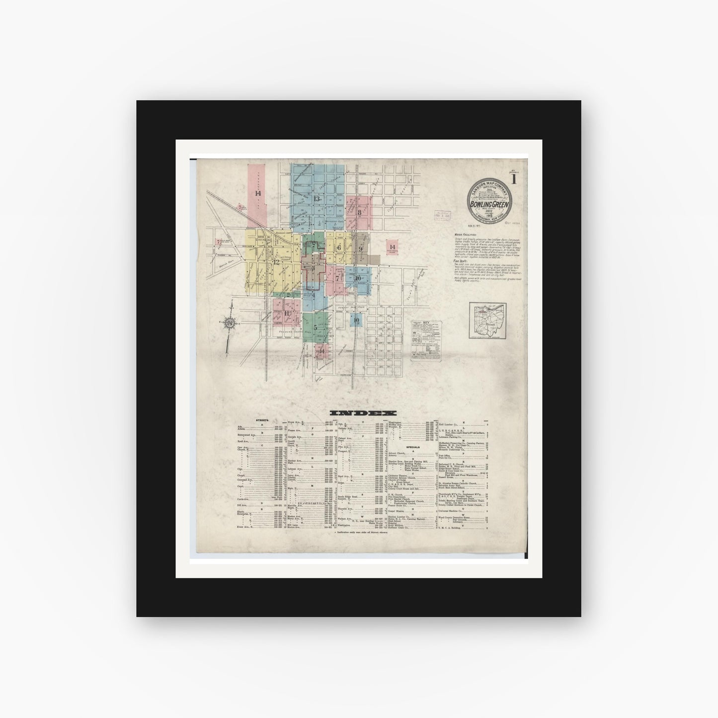Old map wall art mockup — black gallery frame with white mat — Sanborn Fire Insurance Map from Bowling Green, Wood County, Ohio (1915), Sheet #0001