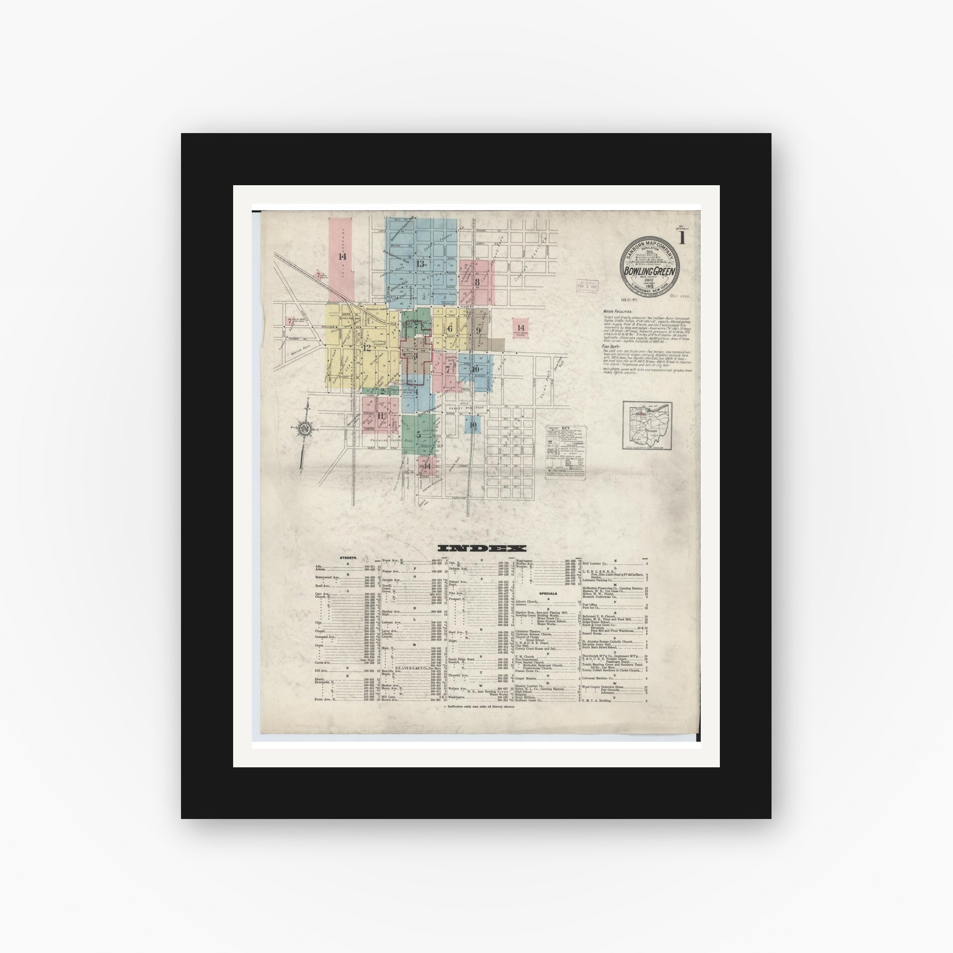 Old map wall art mockup — black gallery frame with white mat — Sanborn Fire Insurance Map from Bowling Green, Wood County, Ohio (1915), Sheet #0001