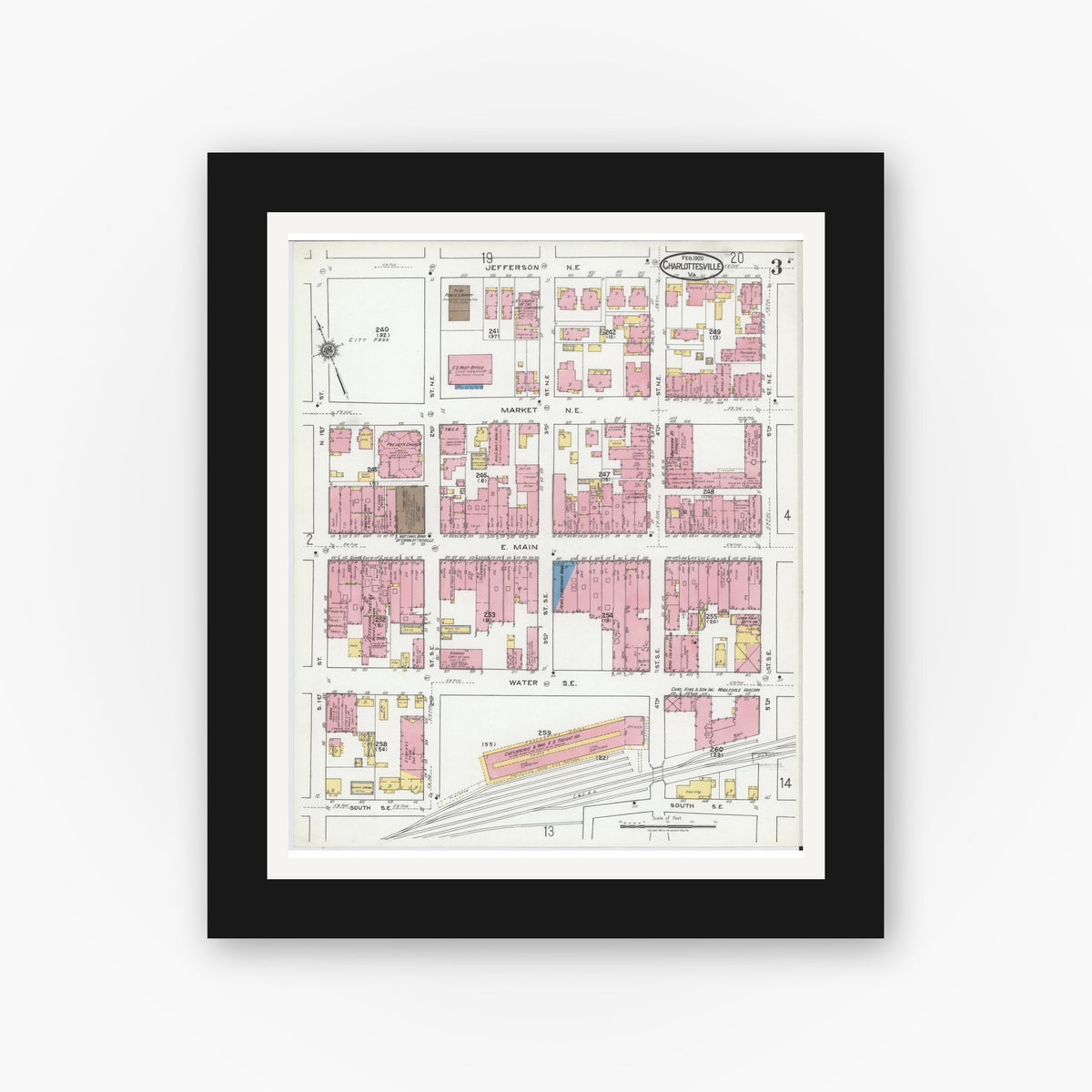 Old map wall art mockup — black gallery frame with white mat — Sanborn Fire Insurance Map from Charlottesville, Independent Cities, Virginia (1920), Sheet #0003