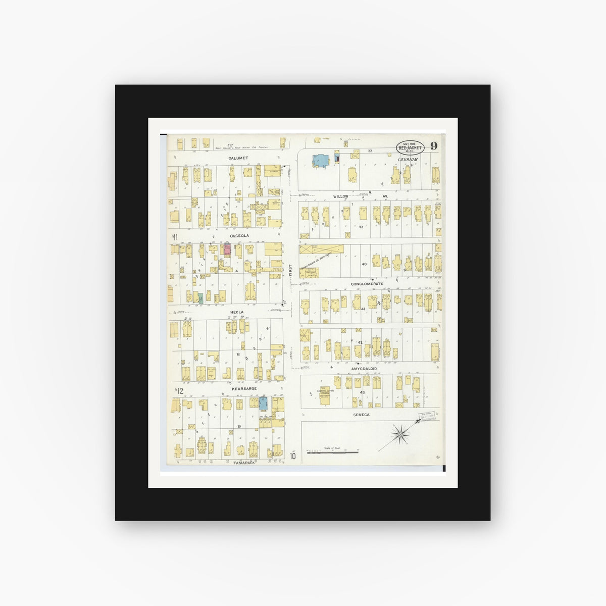 Old map wall art mockup — black gallery frame with white mat — Sanborn Fire Insurance Map from Red Jacket, Houghton County, Michigan (1908), Sheet #0009