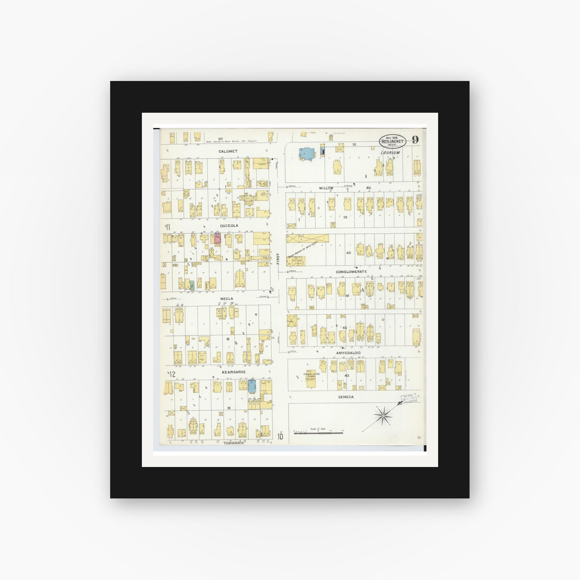 Old map wall art mockup — black gallery frame with white mat — Sanborn Fire Insurance Map from Red Jacket, Houghton County, Michigan (1908), Sheet #0009