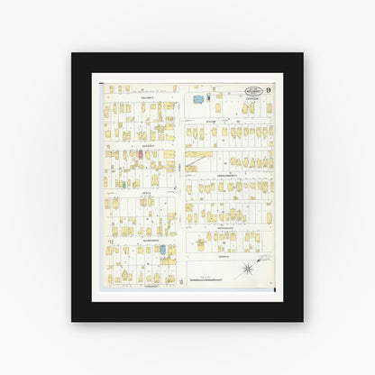 Old map wall art mockup — black gallery frame with white mat — Sanborn Fire Insurance Map from Red Jacket, Houghton County, Michigan (1908), Sheet #0009