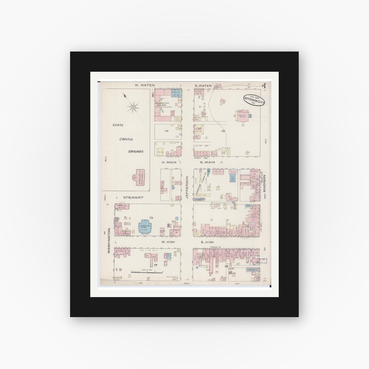 Old map wall art mockup — black gallery frame with white mat — Sanborn Fire Insurance Map from Jefferson City, Cole County, Missouri (1885), Sheet #0004