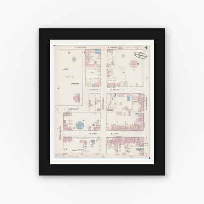 Old map wall art mockup — black gallery frame with white mat — Sanborn Fire Insurance Map from Jefferson City, Cole County, Missouri (1885), Sheet #0004