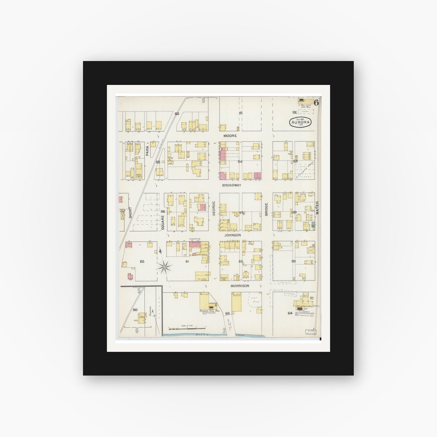 Old map wall art mockup — black gallery frame with white mat — Sanborn Fire Insurance Map from Aurora, Dearborn County, Indiana (1892), Sheet #0006