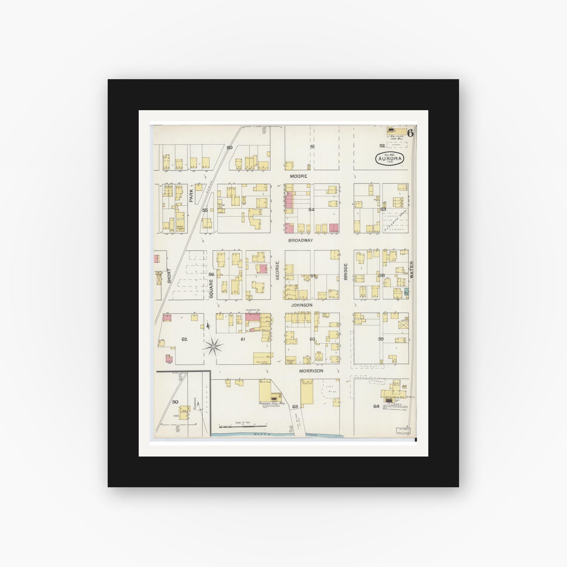 Old map wall art mockup — black gallery frame with white mat — Sanborn Fire Insurance Map from Aurora, Dearborn County, Indiana (1892), Sheet #0006