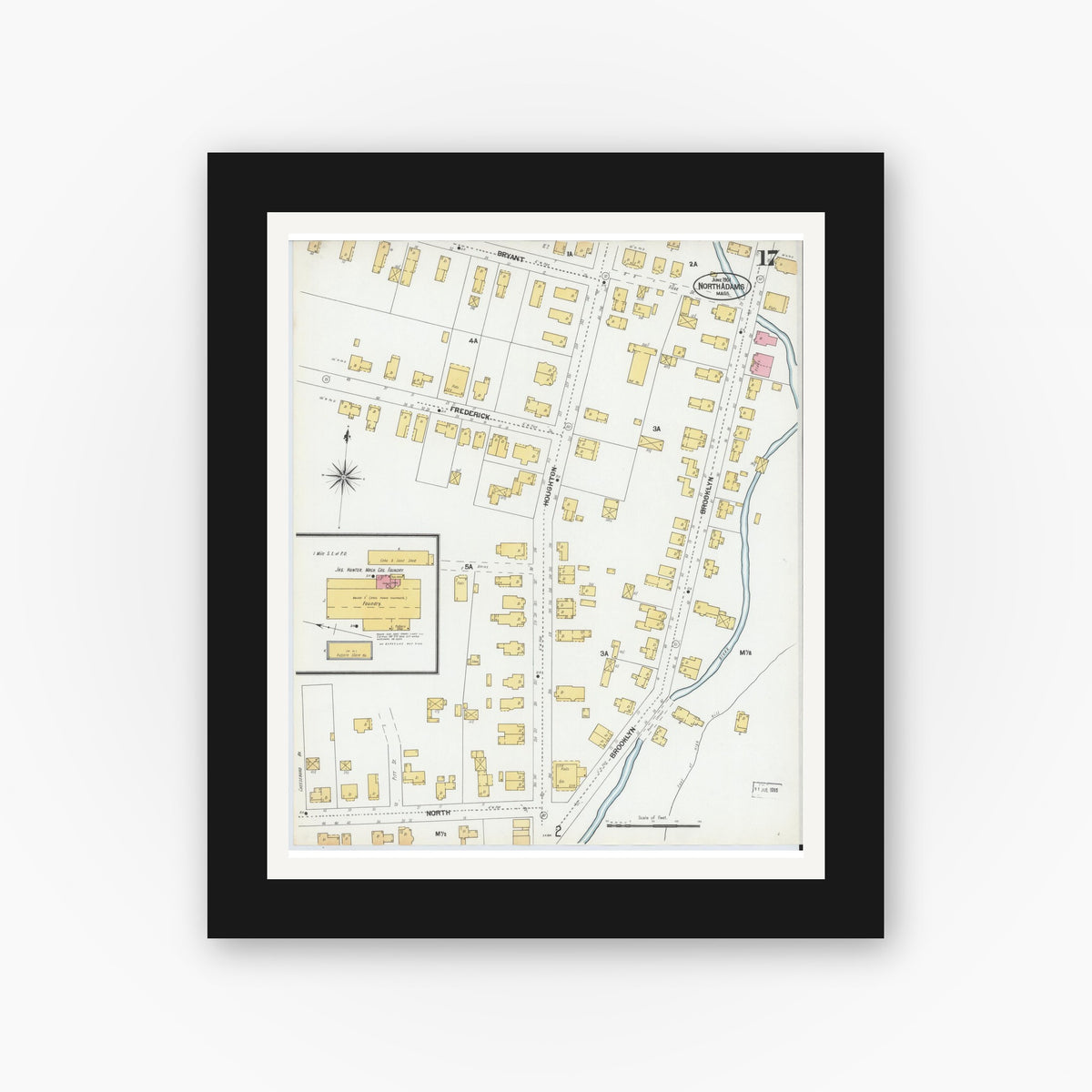 Old map wall art mockup — black gallery frame with white mat — Sanborn Fire Insurance Map from North Adams, Berkshire County, Massachusetts (1901), Sheet #0017