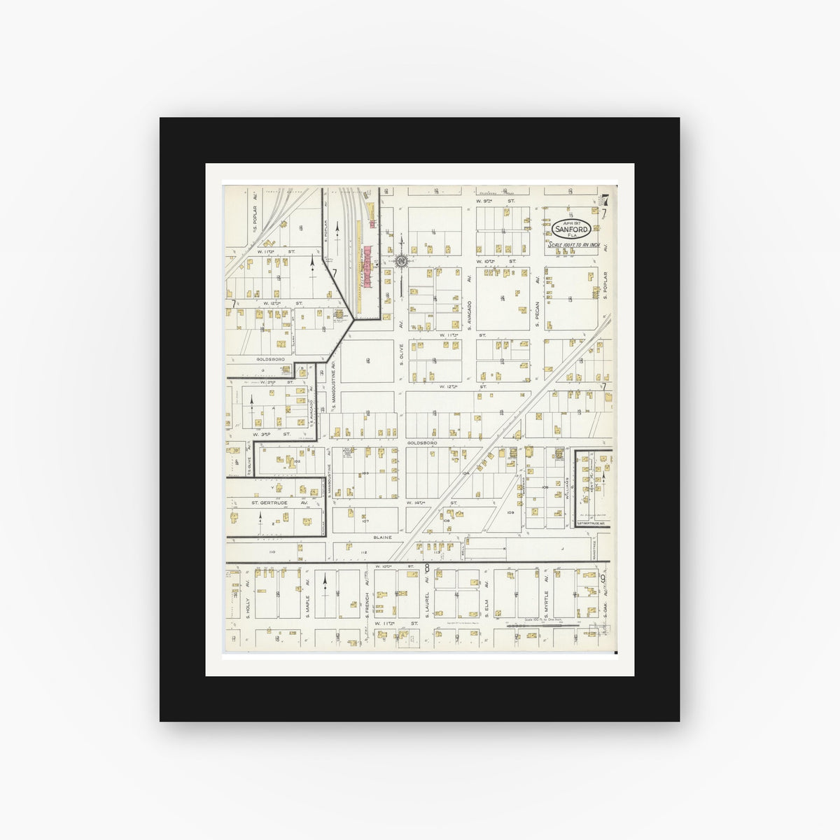 Old map wall art mockup — black gallery frame with white mat — Sanborn Fire Insurance Map from Sanford, Seminole County, Florida (1917), Sheet #0007