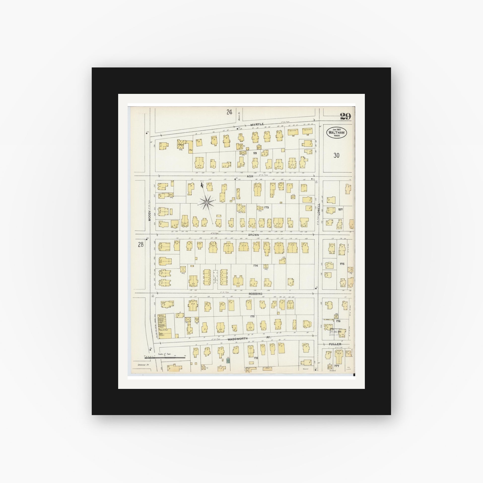Old map wall art mockup — black gallery frame with white mat — Sanborn Fire Insurance Map from Waltham, Middlesex County, Massachusetts (1903), Sheet #0029