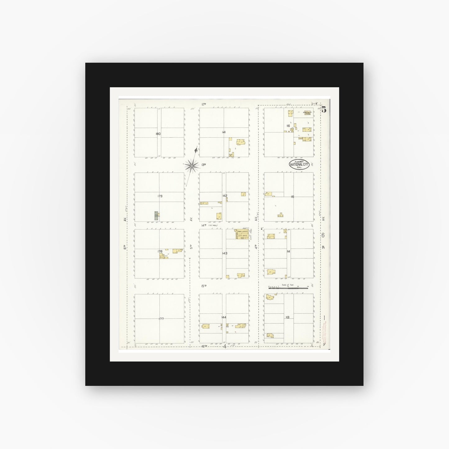 Old map wall art mockup — black gallery frame with white mat — Sanborn Fire Insurance Map from National City, San Diego County, California (1907), Sheet #0005