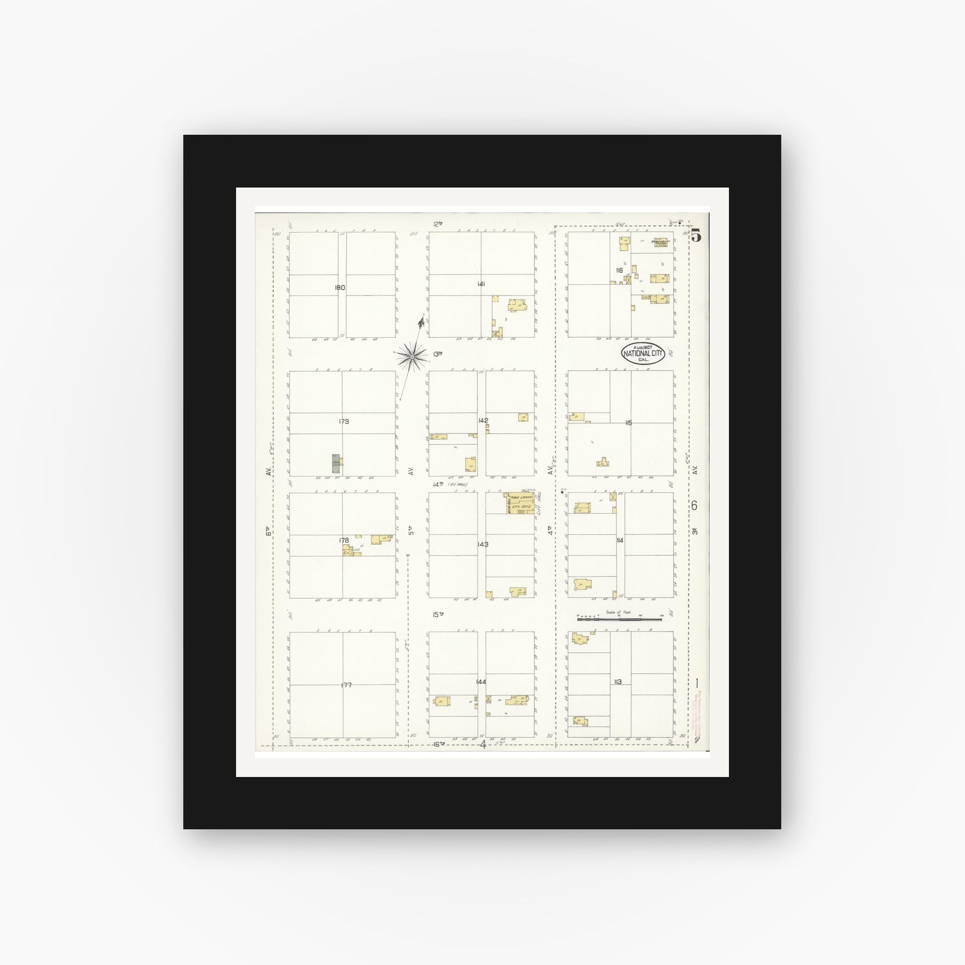 Old map wall art mockup — black gallery frame with white mat — Sanborn Fire Insurance Map from National City, San Diego County, California (1907), Sheet #0005