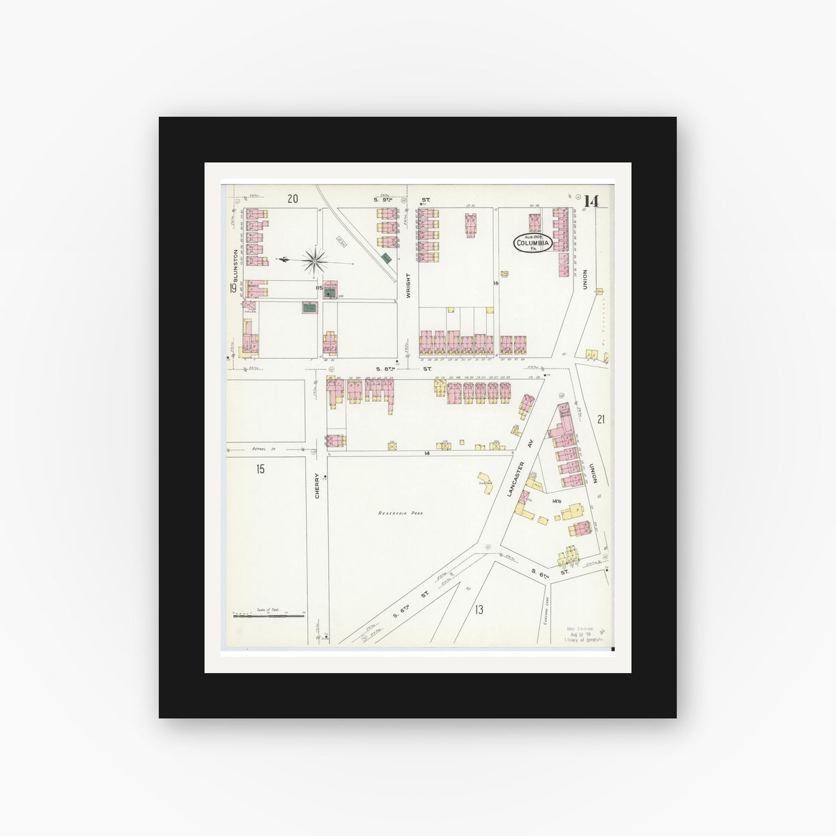 Old map wall art mockup — black gallery frame with white mat — Sanborn Fire Insurance Map from Columbia, Lancaster County, Pennsylvania (1909), Sheet #0014