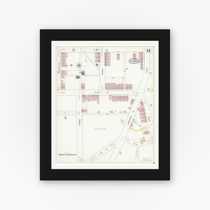 Old map wall art mockup — black gallery frame with white mat — Sanborn Fire Insurance Map from Columbia, Lancaster County, Pennsylvania (1909), Sheet #0014