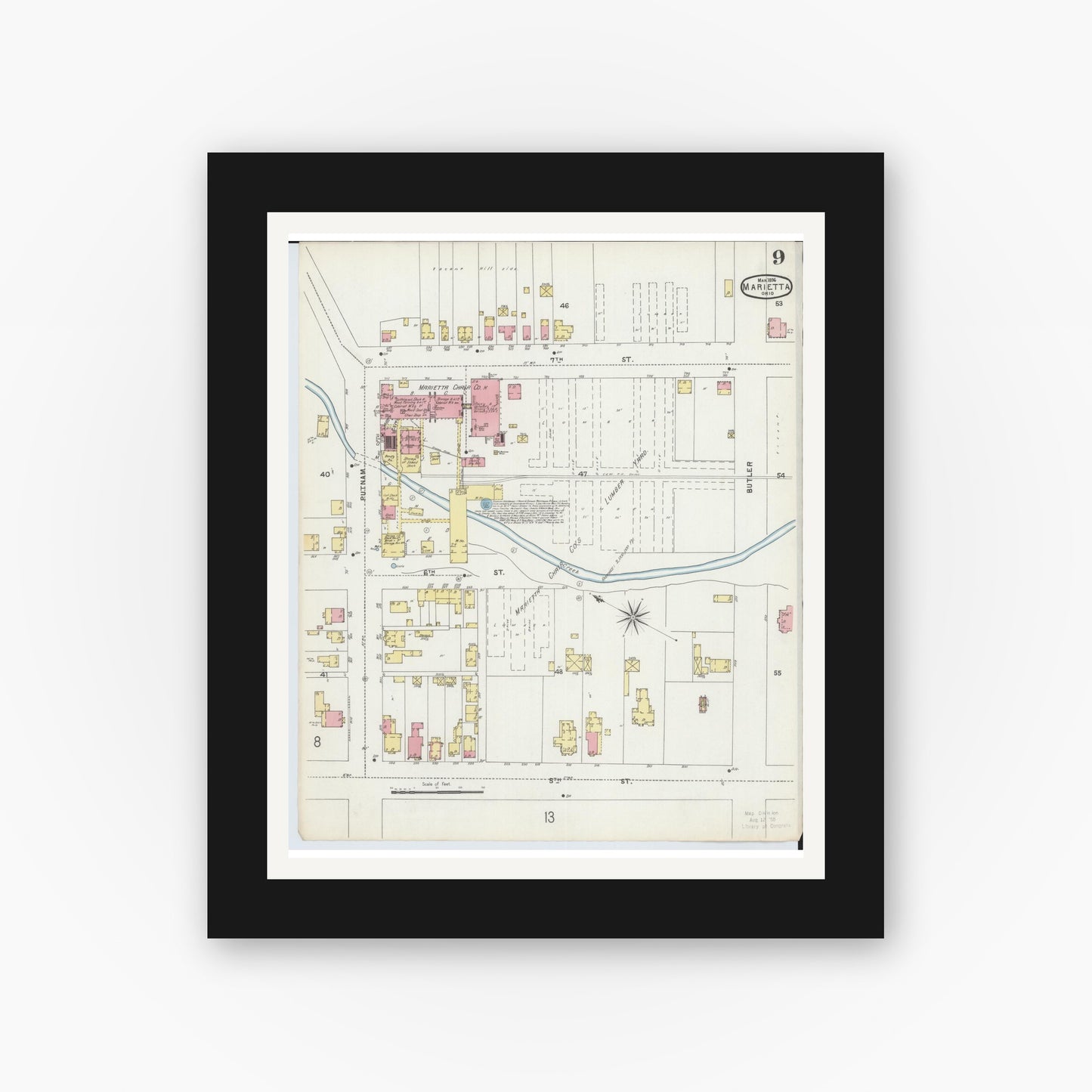 Old map wall art mockup — black gallery frame with white mat — Sanborn Fire Insurance Map from Marietta, Washington County, Ohio (1896), Sheet #0009
