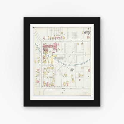 Old map wall art mockup — black gallery frame with white mat — Sanborn Fire Insurance Map from Marietta, Washington County, Ohio (1896), Sheet #0009