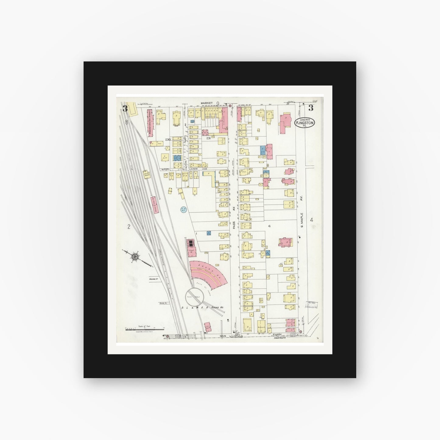 Old map wall art mockup — black gallery frame with white mat — Sanborn Fire Insurance Map from Kingston, Luzerne County, Pennsylvania (1925), Sheet #0003