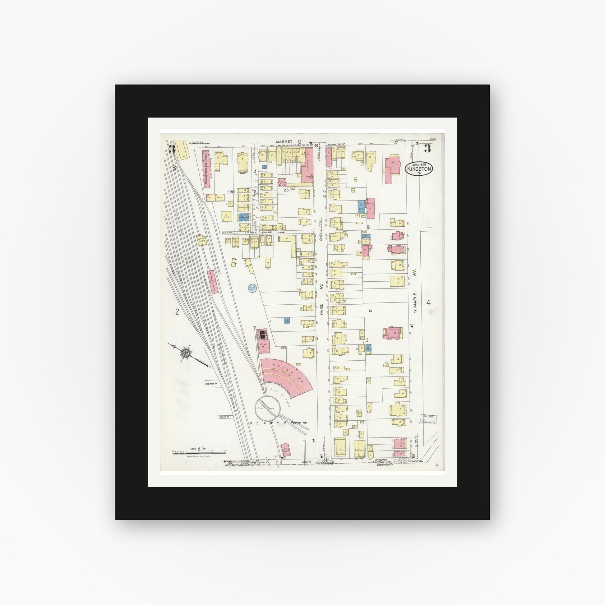 Old map wall art mockup — black gallery frame with white mat — Sanborn Fire Insurance Map from Kingston, Luzerne County, Pennsylvania (1925), Sheet #0003