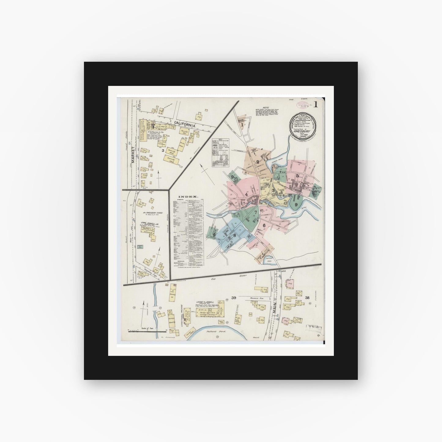 Old map wall art mockup — black gallery frame with white mat — Sanborn Fire Insurance Map from Amesbury, Essex County, Massachusetts (1889), Sheet #0001
