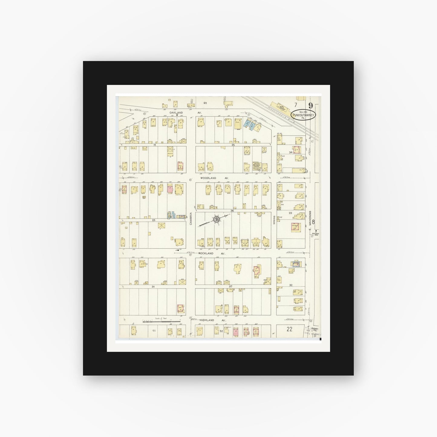Old map wall art mockup — black gallery frame with white mat — Sanborn Fire Insurance Map from Punxsutawney, Jefferson County, Pennsylvania (1912), Sheet #0009