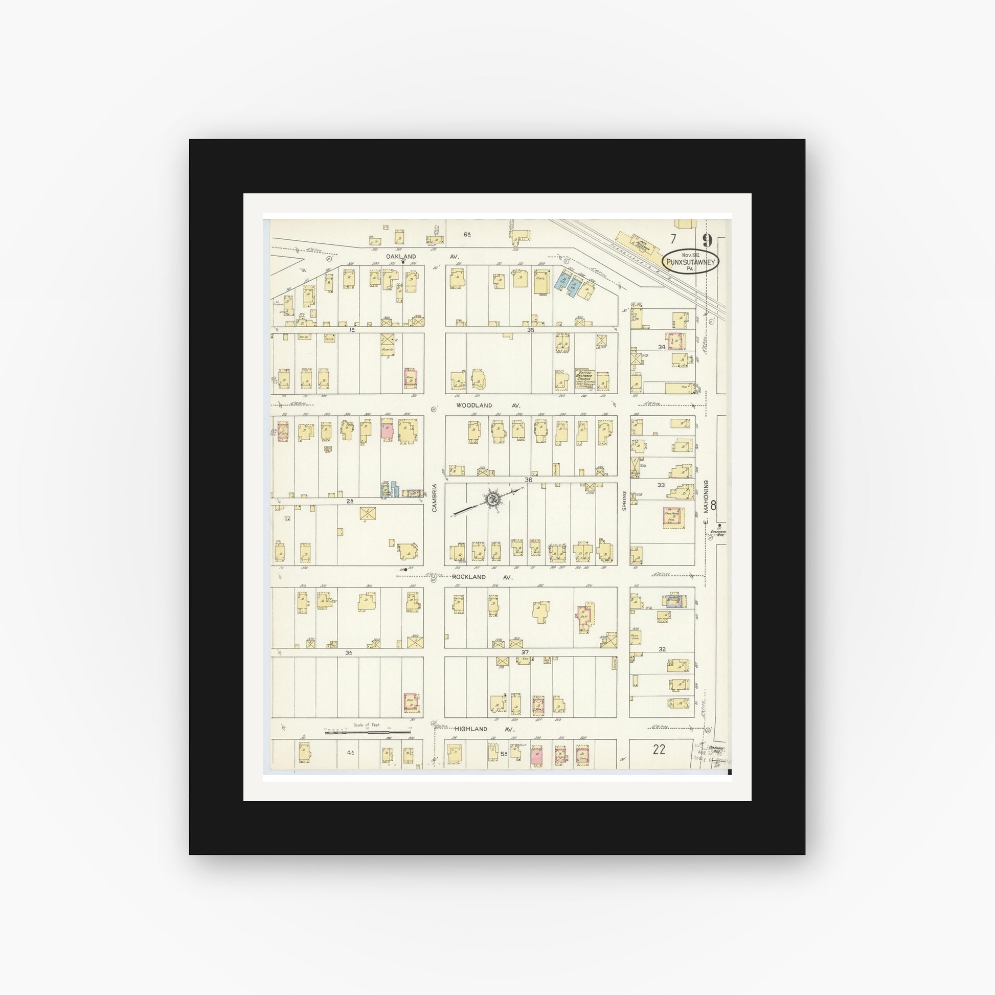 Old map wall art mockup — black gallery frame with white mat — Sanborn Fire Insurance Map from Punxsutawney, Jefferson County, Pennsylvania (1912), Sheet #0009