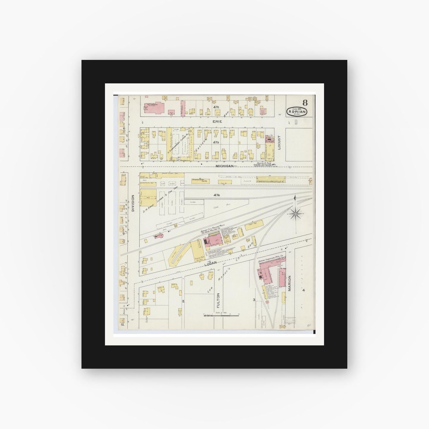 Old map wall art mockup — black gallery frame with white mat — Sanborn Fire Insurance Map from Adrian, Lenawee County, Michigan (1893), Sheet #0008