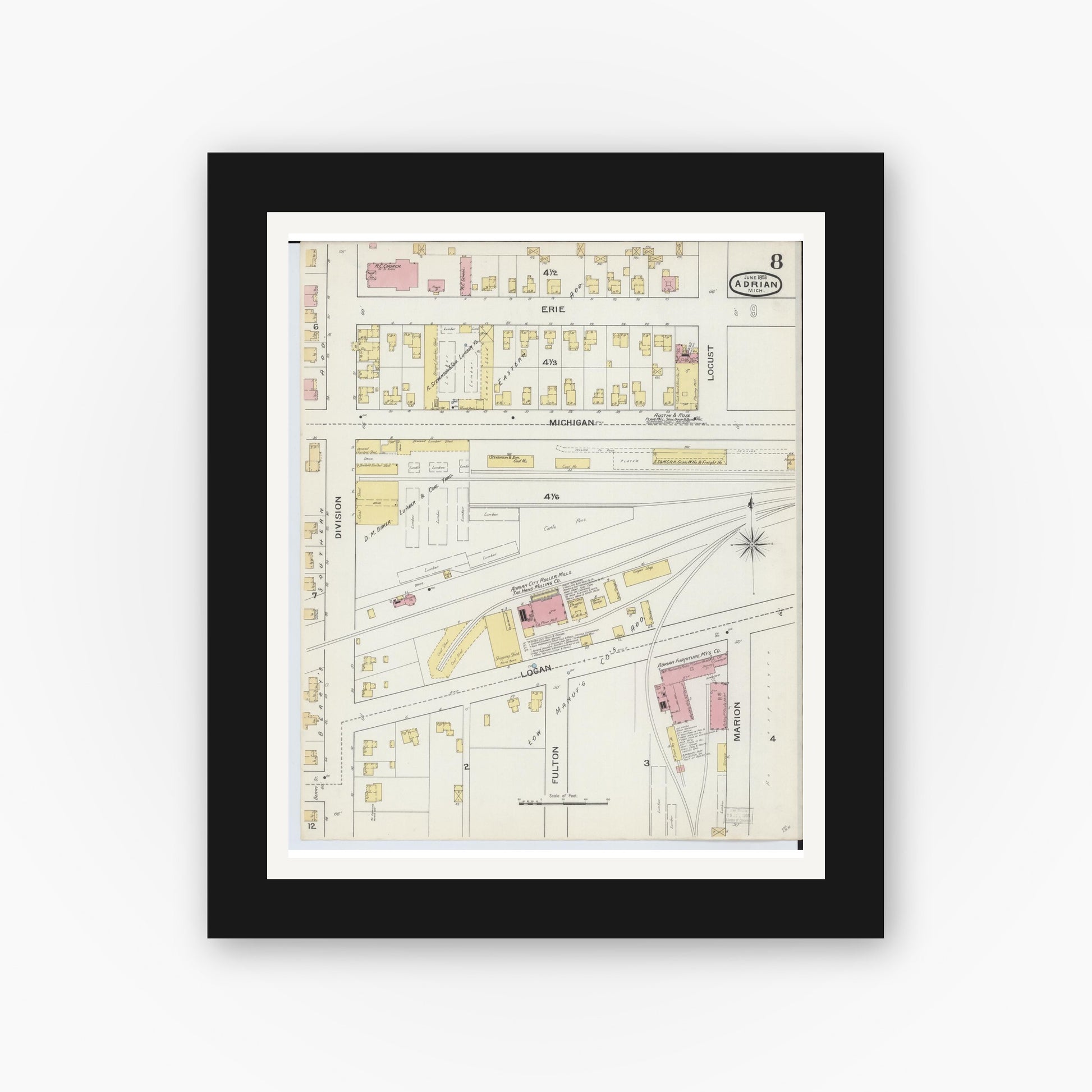 Old map wall art mockup — black gallery frame with white mat — Sanborn Fire Insurance Map from Adrian, Lenawee County, Michigan (1893), Sheet #0008