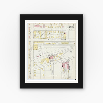 Old map wall art mockup — black gallery frame with white mat — Sanborn Fire Insurance Map from Adrian, Lenawee County, Michigan (1893), Sheet #0008