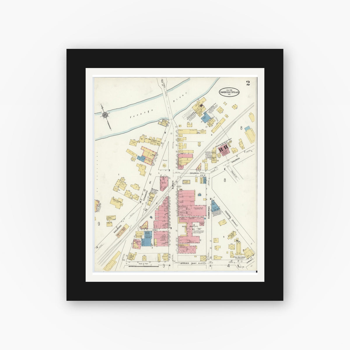Old map wall art mockup — black gallery frame with white mat — Sanborn Fire Insurance Map from Cambridge Springs, Crawford County, Pennsylvania (1911), Sheet #0002