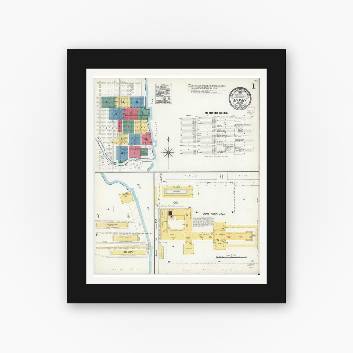Old map wall art mockup — black gallery frame with white mat — Sanborn Fire Insurance Map from Miami, Dade County, Florida (1906), Sheet #0001